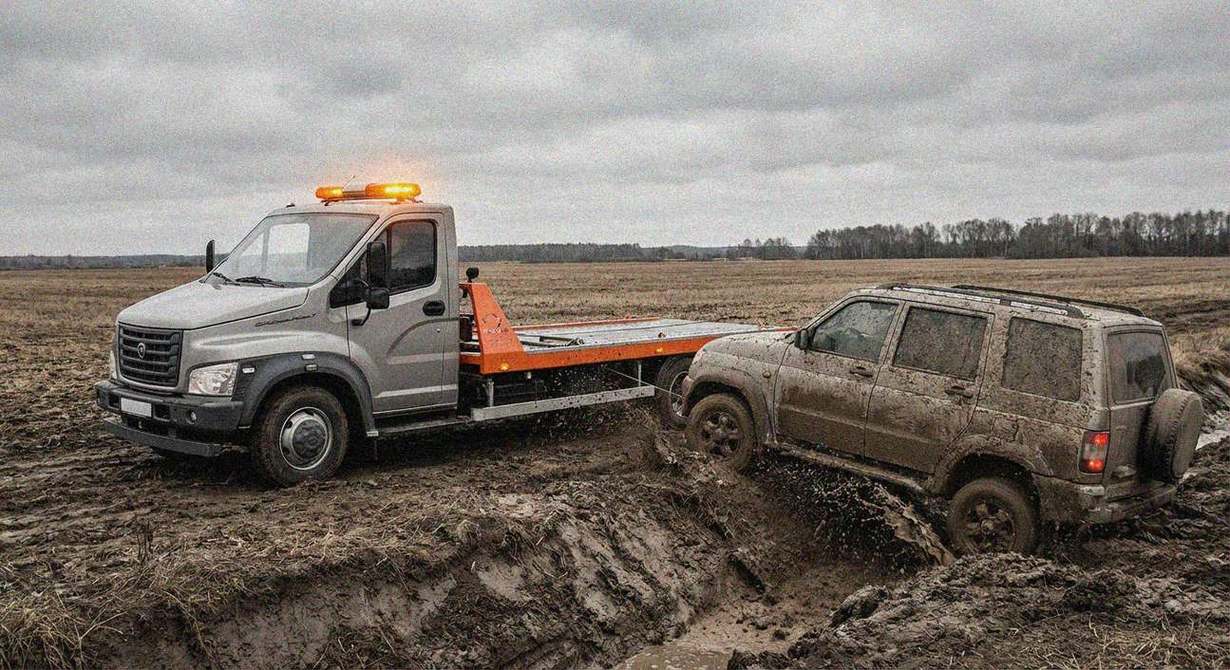 Эвакуатор вытягивает автомобиль из кювета лебедкой